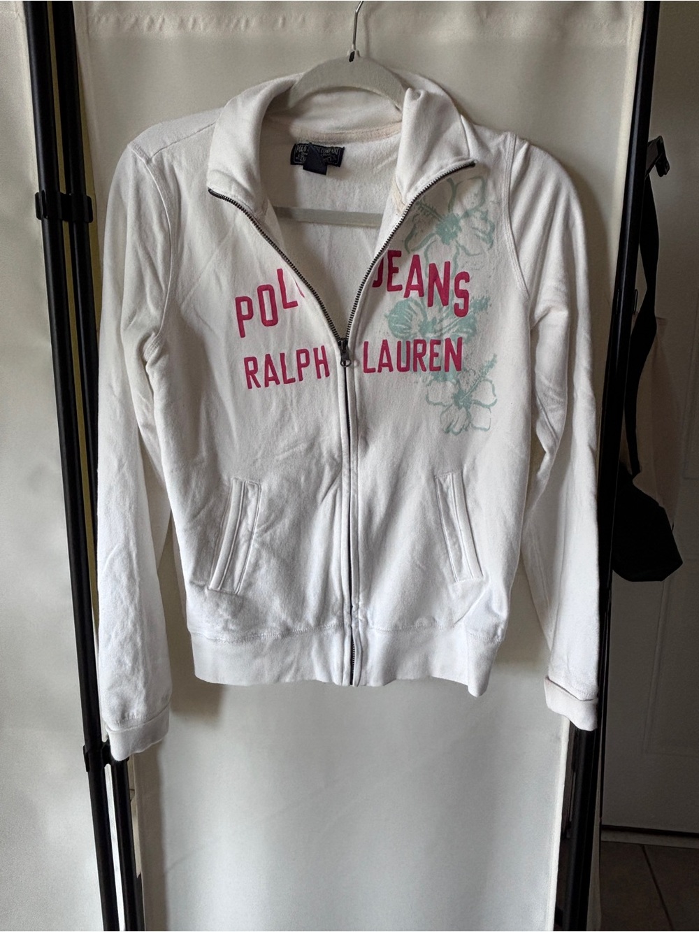 Vintage Y2K Polo by Ralph Lauren White Zip-Up Bomber Jacket with Pink Logo